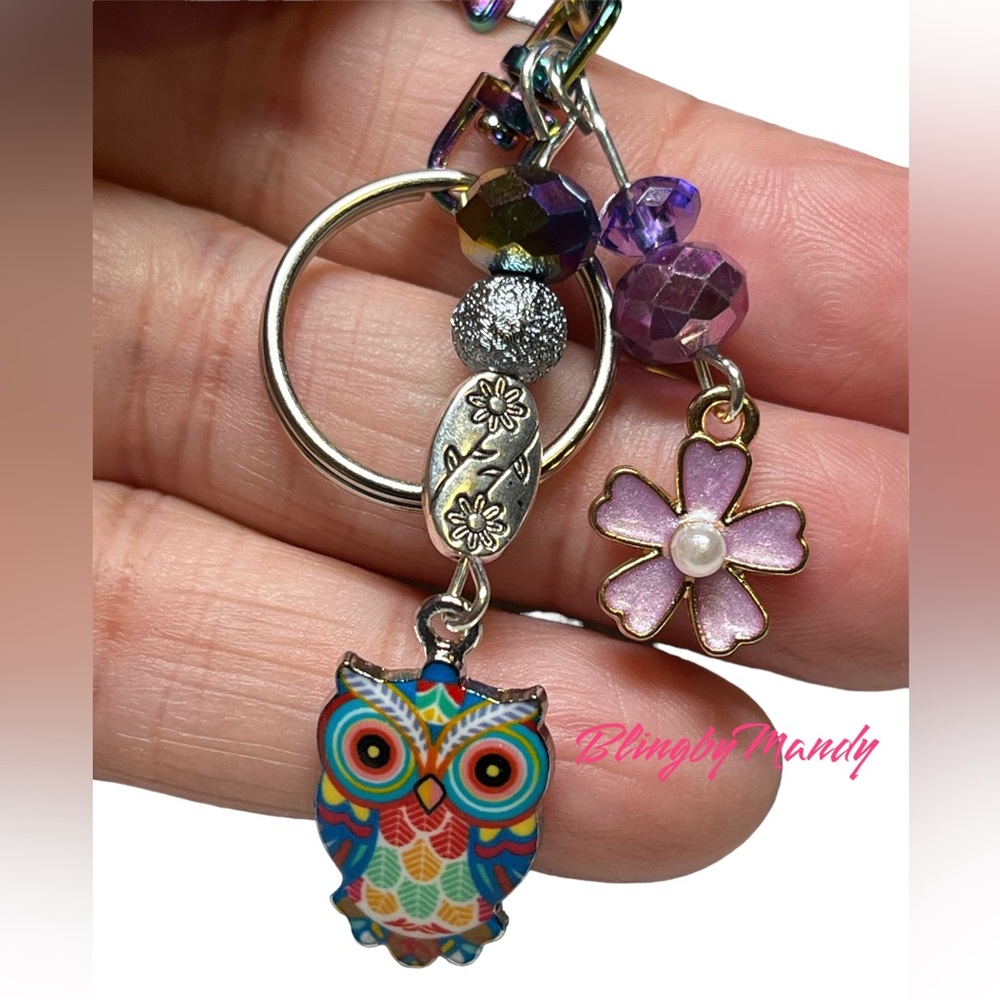 🦉Purple and floral owl keychain/purse bling